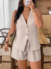 Weeklong 2pcs/Set Plus Size Women's Summer Solid Color Single-Breasted Vest And Shorts - Apricot - View 5