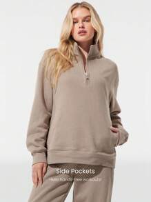 GLOWMODE Everyday Fleece Loose Hip Length Half-Zip Long Sleeve Sweatshirt With Side Pockets Daily Casual Fall Winter Fall Winter - Khaki - View 4