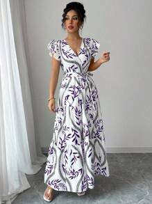 Elenzga 优雅休闲荷叶边短袖 A 字长裙，带有随机蓝白花卉印花，适合工作、海滩、派对 - 紫色 - 查看 4