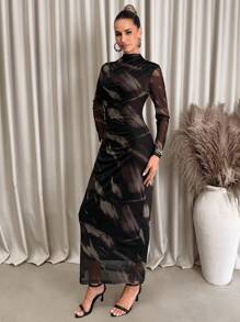 Lavishia Black & Coffee Abstract Print Long Sleeve Fitted Dress For Women Turtle Neck Long Sleeve