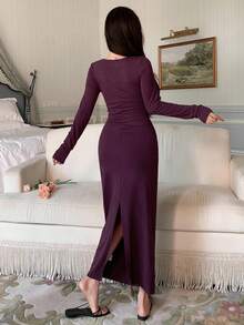 DAZY 蕾丝拼接腰部褶皱设计长款束腰女士睡裙，秋冬季舒适保暖服饰 - 紫色 - 查看 2