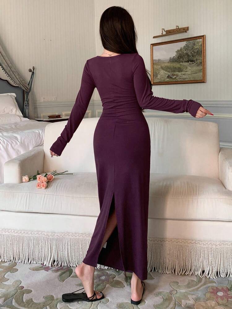 Lace Panel Waist Ruched Design Long Cinch Waist Women Nightdress, Fall & Winter, Cozy Outfits