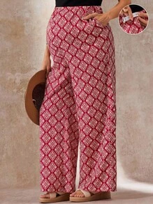 Boho Mama 孕妇全印花直筒休闲裤 - 紅色 - 查看 6