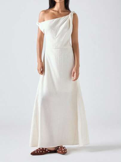 LYSMO 女士纯色斜肩扭纹设计连衣裙，时尚