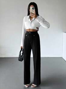 EURMUSE Damskie spodnie casualowe z prostymi nogawkami i metalowymi guzikami w jednolitym kolorze