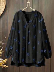 Lacomfia 女士休闲刺绣圆领半开襟宽松衬衫，白色 - 黑色 - 查看 1