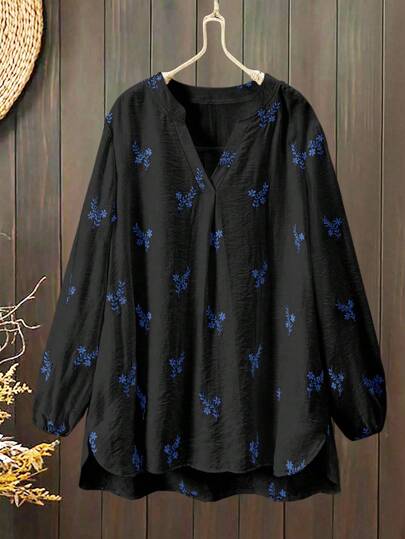 Lacomfia Women Casual Embroidered Round Neck Partial Placket Loose Blouse, White Fall Cloth For Women