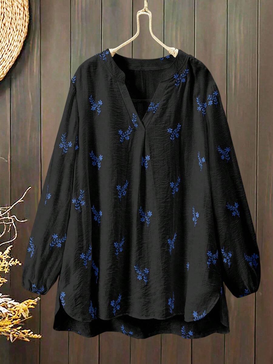 Lacomfia 女士休闲刺绣圆领半开襟宽松衬衫，白色 - 黑色 - 查看 1