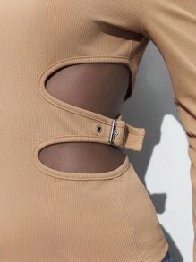 Maija Women's Asymmetric Collar Hollow Out Metal Button T-Shirt,Camel Chic Night Out Autumn Khaki Plain Waist Fitted Long Sleeve Fashion Minimalist Top - Khaki - View 6