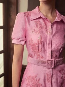 ZEYLAH Women's Floral Jacquard Puff Sleeve Elegant Long Shirt Dress - Pink - View 2