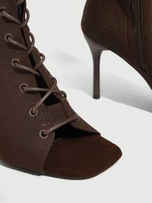 CUCCOO SZL Fashion Criss-Cross Strappy Peep-Toe Knee-High Boots For Christmas - Coffee Brown - View 12