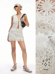 LYSMO Minimalism Summer 2025 New Arrival  Women's Embroidered Button-Up Shirt And Skirt Set White Crochet Short Set  Resort Wear For Going Out Outfits, Back To School, Graduation, Streetwear And Stockholm Style, Edgy Clothes Woman And Unique Clothes