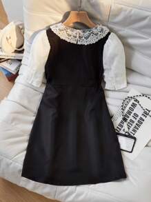 SHEIN Vestido holgado de línea A con mangas abullonadas, estilo collar, adecuado para salidas, vacaciones, vuelta al colegio, uso casual para niñas - Negro - Ver 2