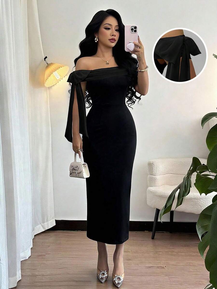 Rafferiza Đầm dài thanh lịch màu đen trễ vai thắt nút đơn giản - màu đen - Xem 1