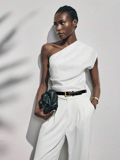 Lumivelle Elegant moderiktig vit plisserad lös axelblus för kvinnor, romantisk