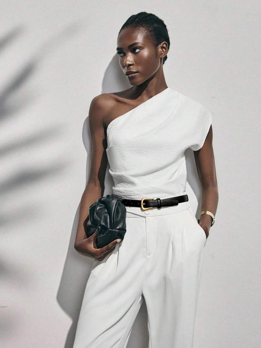 Lumivelle Women's Elegant Fashionable White Pleated Loose Shoulder Blouse, Romantic