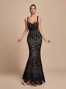 Glamine 女式花卉蕾丝鱼尾下摆修身优雅派对吊带裙秋季女装返校季 - 黑色 - 查看 4