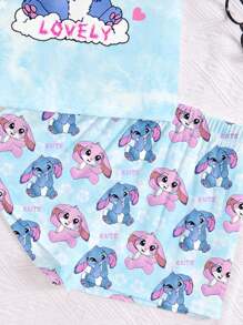 SHEIN 可爱卡通露露兔，针迹图案，扎染天蓝色，青少年女孩休闲简约圆领短袖短裤睡衣套装，适合夏季，清凉凉爽，夏季服装，轻松舒适，时尚儿童，休闲装，儿童图案服装，返校 - 彩色 - 查看 5