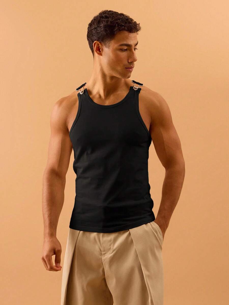 Musero 男士罗纹背心金属细节扣夏季春季度假沙滩池畔风 - 黑色 - 查看 1