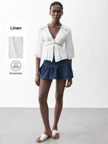 Maija 女士白色纽扣前开襟蕾丝拼接休闲沙滩度假波西米亚风纯色宽松中袖衬衫，适合圣帕特里克节、春假、复活节、音乐节、返校季等场合，俏皮可爱，商务休闲女式外出上衣，可爱百搭。 - 白色 - 查看 1