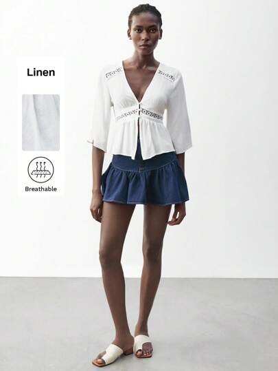 Maija Women's White Button-Front Lace Patchwork Casual Beach Vacation Boho Style Plain Loose Mid-Sleeve Blouse, Suitable For St.Patrick's Day, Spring Break, Easter, Music Festival Back To School Clothes Coquette Funny Shirts Business Casual Woman  Going Out Tops Women Going Out Tops Going Out Outfits Going Out Tops For Going Out  Cute