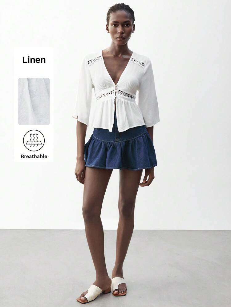 SHEIN Maija Women's White Button-Front Lace Patchwork Casual Beach Vacation Boho Style Plain Loose Mid-Sleeve Blouse, Suitable For St.Patrick's Day, Spring Break, Easter, Music Festival Back To School Funny Shirt Business Casual Woman Going Out Top Women Going Out Top Going Out Going Out Top For Going Out Cute