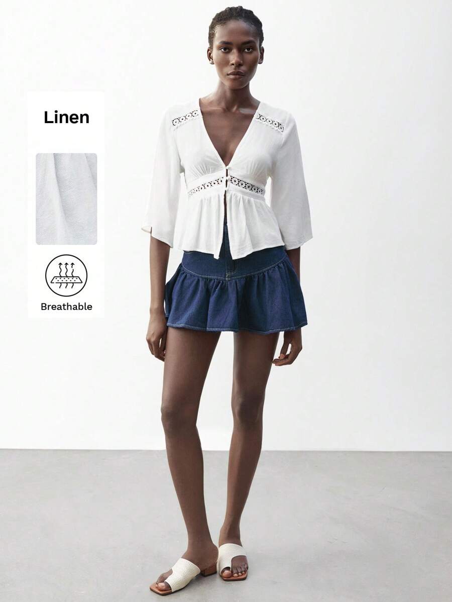 Maija 女士白色纽扣前开襟蕾丝拼接休闲沙滩度假波西米亚风纯色宽松中袖衬衫，适合圣帕特里克节、春假、复活节、音乐节、返校季等场合，俏皮可爱，商务休闲女式外出上衣，可爱百搭。 - 白色 - 查看 1