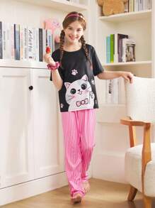 可爱少女猫咪印花短袖T恤和条纹裤睡衣套装 - 彩色 - 查看 5