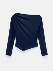 Maija Blusa azul claro con cuello asimétrico y fruncido, diseño de moda urbana casual y versátil, suave y cómoda, bajo asimétrico suelto, mangas largas con hombros caídos, atuendo de mujer casual de primavera temprana para conciertos, vacaciones y modesto