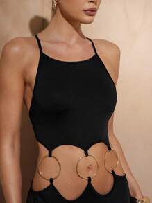 Hauture Váy Maxi xẻ cao gợi cảm khoét sâu dành cho nữ có chi tiết khoen tròn, mặc đi nghỉ dưỡng mùa hè, đi nghỉ dưỡng - màu đen - Xem 5