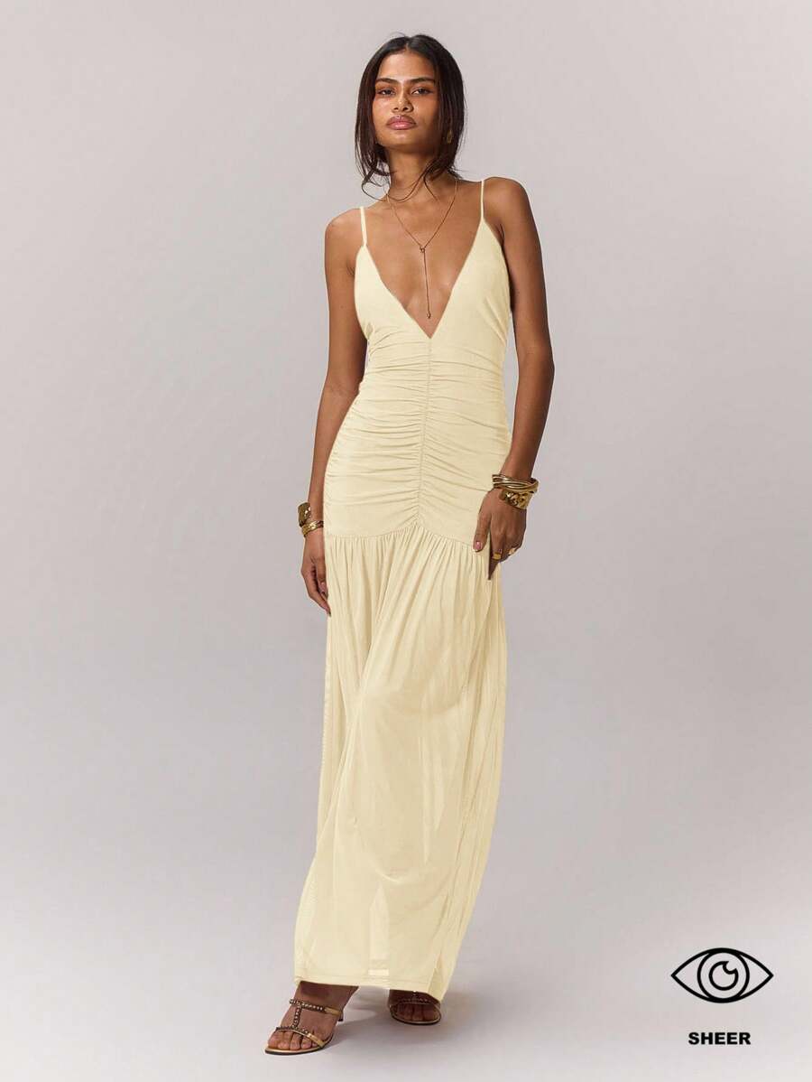 MUSERA Ruched Front Drop Hem Dress Summer Pastel Wedding Guest Graduation Elegant Sundress Holiday Vacation Beach Night Out Birthday Date Night - Apricot - View 1