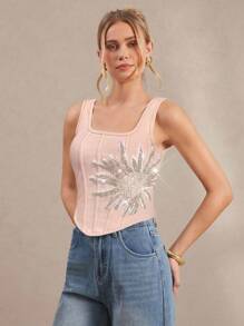 SHEIN Amorya 女士时尚优雅无袖人字纹刺绣衬衫 - 淺粉色 - 查看 5