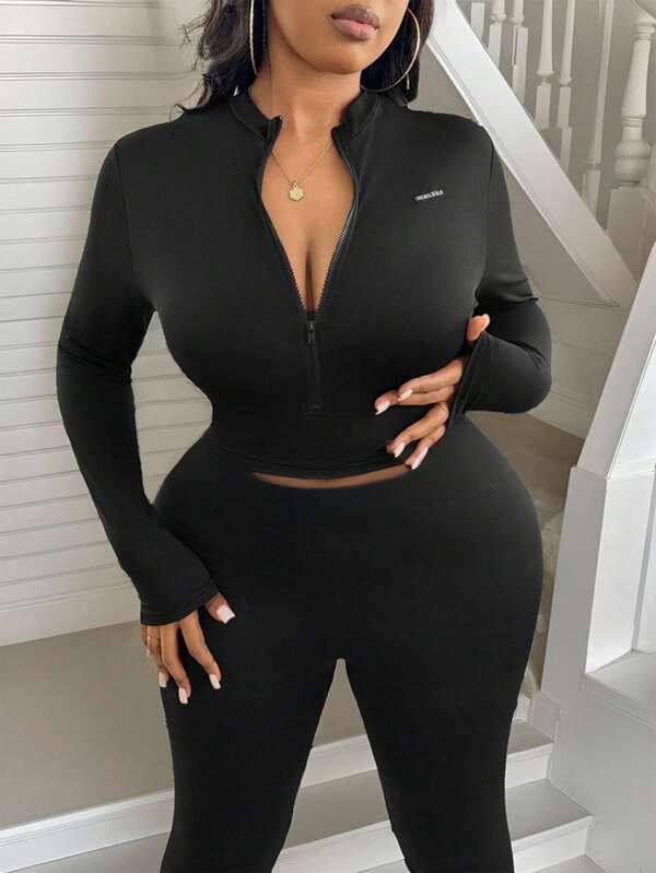 SHEIN SXY Plus Size Women's Fall & Winter,Spring&Summer Elegant Skinny Long-Sleeved Zip-Up Tee And Matching Leggings,Suitable For Sporty,Gym,Street Style,Western Wear,Music Festival,Concert