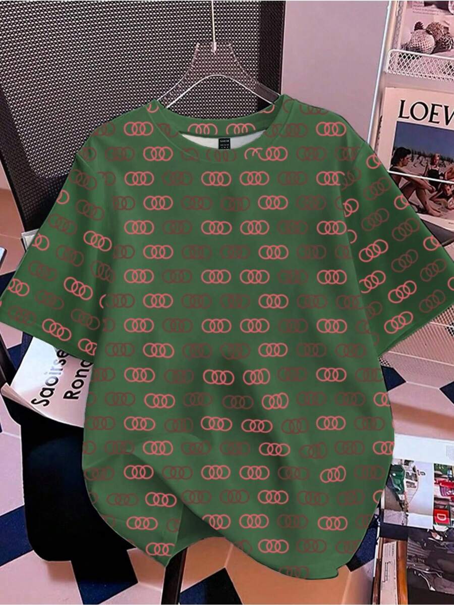 SHEIN Camiseta casual de verano para mujer de corte holgado con estampado en todo el Body y cuello redondo - Verde - Ver 1