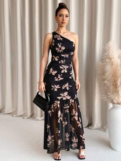 Lavishia Elegant Asymmetrical Neck Mesh Long Dress