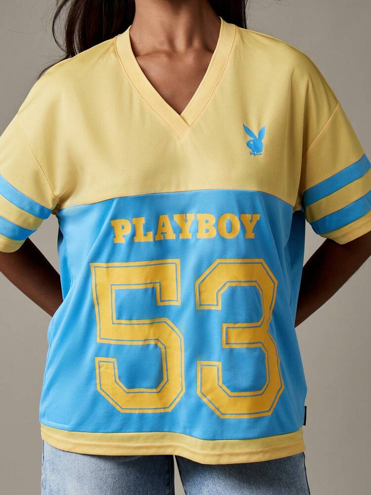 Missguided x Playboy Retro Varsity Football Jersey Style V Neck T Shirt Ladies Oversize College Team Graphic Tee Casual Streetwear Spring Summer Top
