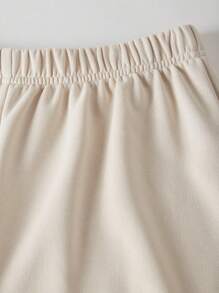 SHEIN Explorewe Casuvi Kid Tween Girl 纯色针织休闲裤，简约风格搭配蕾丝花边蝴蝶结装饰，美式复古学院风，适合春秋季休闲、运动、度假 - 卡其色 - 查看 4