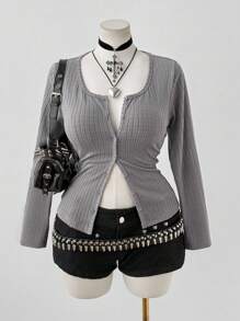 Flirla 大码女式圆领条纹纹理休闲时尚日常修身可爱风格学院风 T 恤长袖衬衫，适合返校、日常外出和作为打底衫