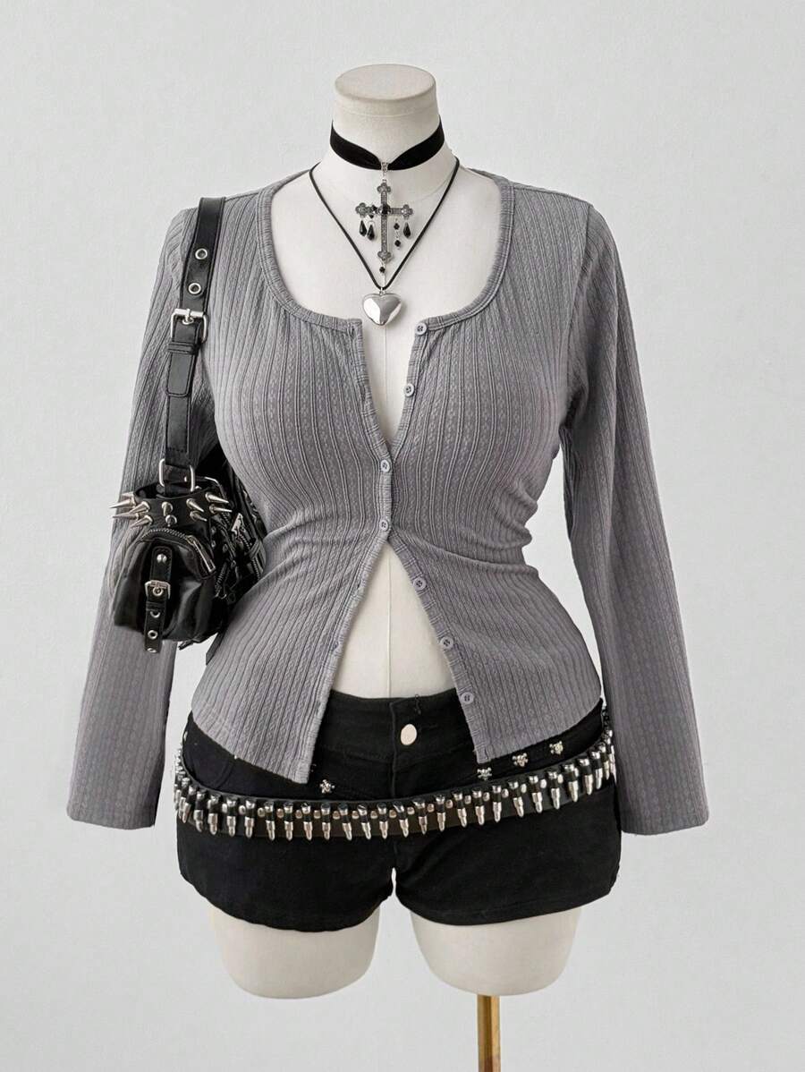 Flirla 大码女式圆领条纹纹理休闲时尚日常修身可爱风格学院风 T 恤长袖衬衫，适合返校、日常外出和作为打底衫