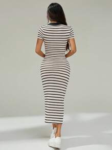 SHEIN PETITE Robe longue à manches courtes avec col polo tricoté à rayures pour femmes