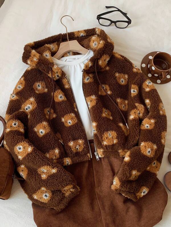 Comfortcana Winter Jacket  Women's Casual Cute Coffee Color All Over Small Bear Pattern Zipper Front Drawstring Hooded Teddy Fleece Jacket For Autumn/Winter Brown Bear Jacket Brown Hoodie Teddy Bear Jacket Fuzzy Jacket