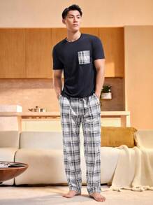 Manfinity Underwear&Sleepwear Basics Men Plaid Patched Pocket PJ Set / Pajama Set