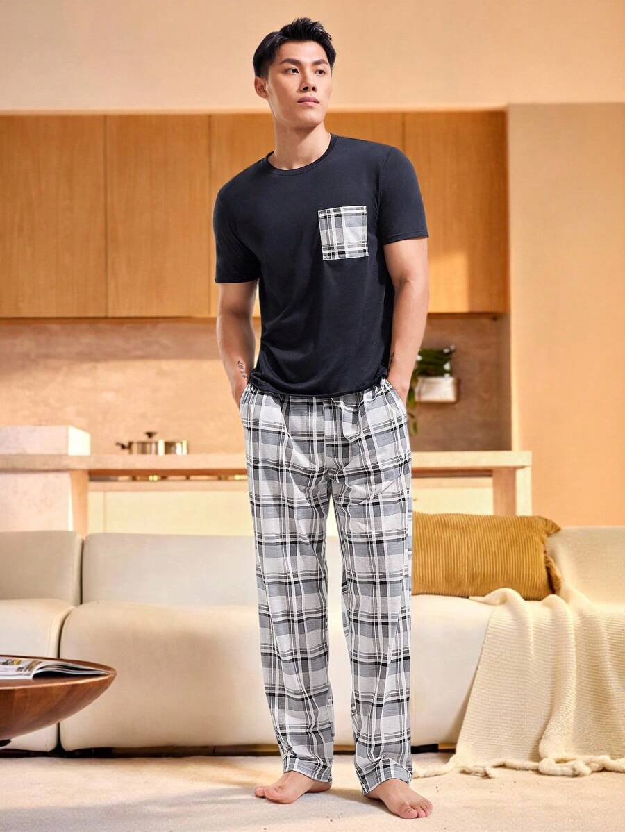 Manfinity Underwear&Sleepwear Basics Men Plaid Patched Pocket PJ Set / Pajama Set
