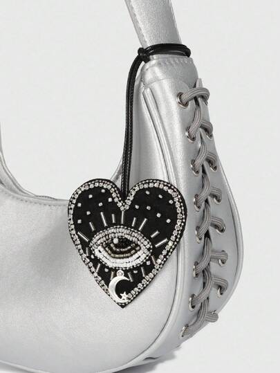 Goth 1pc Gothic Style Black Studded Devil's Eye Heart Pendant, Handmade Fabric Patch Bag Charm Hanging Accessory, Halloween