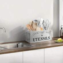 SHEIN Rustic Wooden Kitchen Utensil Holder | 1pc | Wood Material | 3-Compartment Storage Box, Countertop & Wall-Mounted Organizer | Kitchen Accessories For Cook, Eat, Bake Tools |