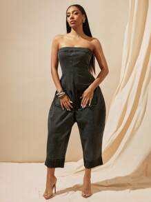Vixey 无肩带牛仔哈伦连体裤，春季服装，女士夏季服装，复活节服装 - 黑色 - 查看 6