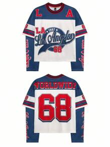 PAVTROS 男士字母印花撞色圆领长袖休闲T恤洛杉矶洛杉矶衬衫洛杉矶球衣，秋季 - 彩色 - 查看 6