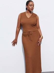 Maija Plus Size Chocolate Brown 2 Pieces Set,Sleeveless Top & Drawstring Waist Skirt,Summer Holiday Smart Casual,Modest Vintage Old Money Teacher Outfits - Rust Brown - View 6