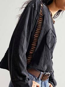 Bohemela Women's Casual Solid Color Knit Crew Neck Long Sleeve Fitted Washed T-Shirt, Boho Music Festival, Autumn/Winter Peace Sign T-Shirt Women Graphic Tees Long Sleeve T-Shirts Women Distressed T-Shirt Vintage T-Shirts - Black - View 3