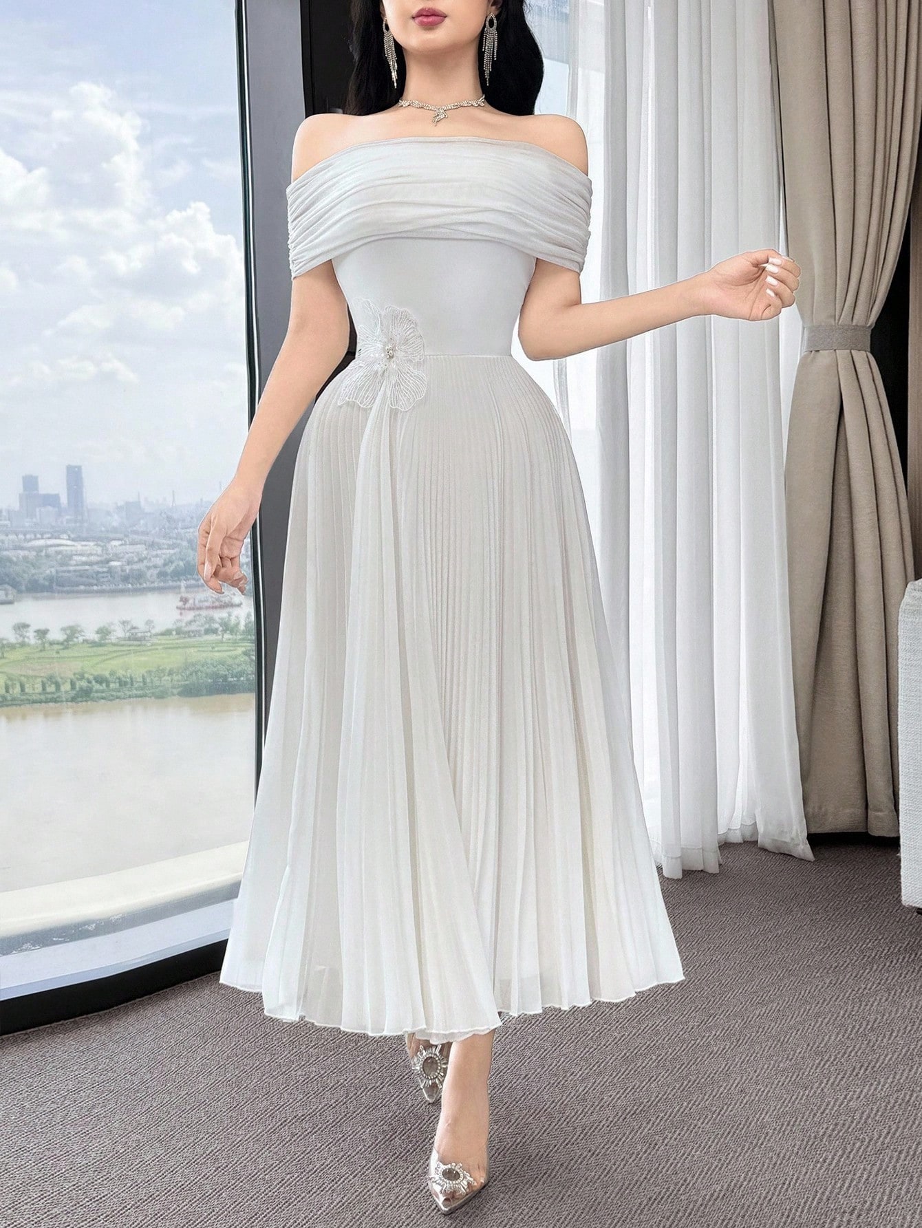 Feyla فستان أنيق للسيدات بتصميم الكتف المكشوفة ذو...